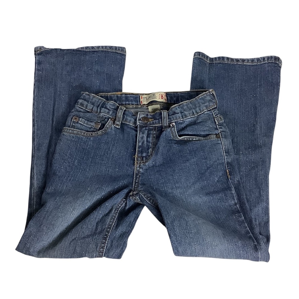The Children's Place Flare Jeans Girls 8 Blue Denim Glitter Stretch Y2K Boho